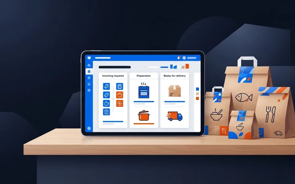Ilustração de um tablet em um balcão com tela de gerenciamento de pedidos e embalagens de entrega ao lado.