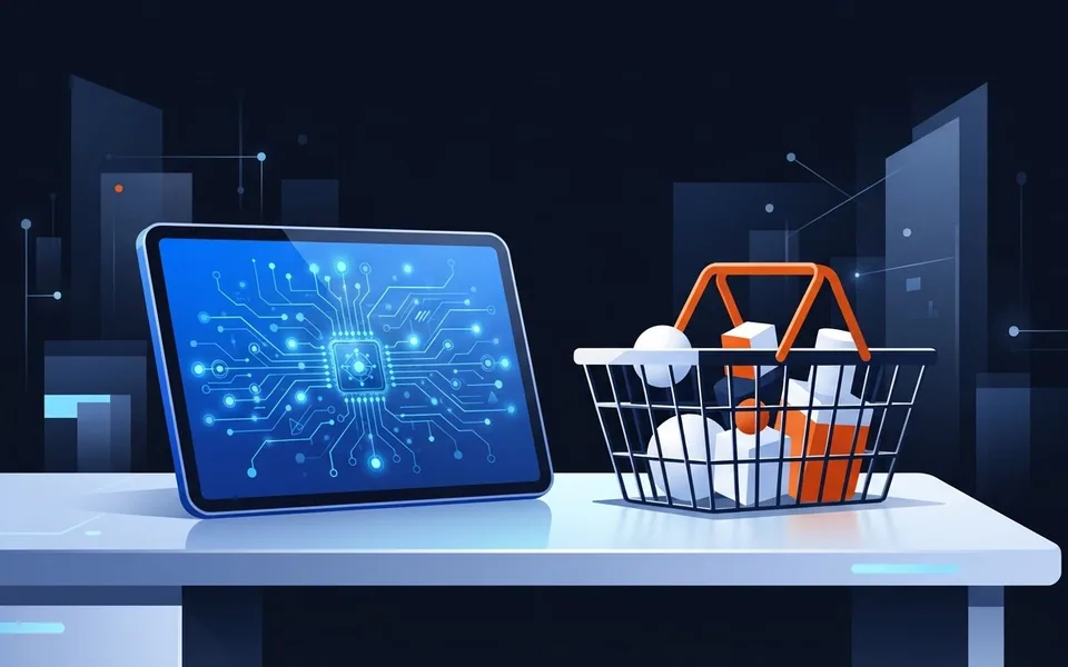 Ilustração de uma cesta de compras ao lado de um tablet com circuitos digitais