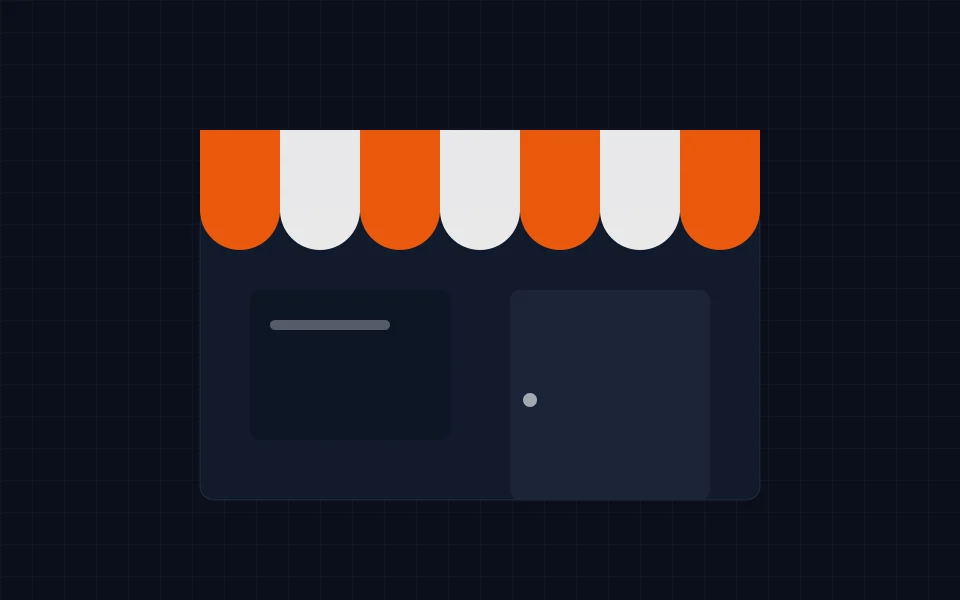 Ilustração da fachada de uma loja com toldo listrado em laranja e branco.