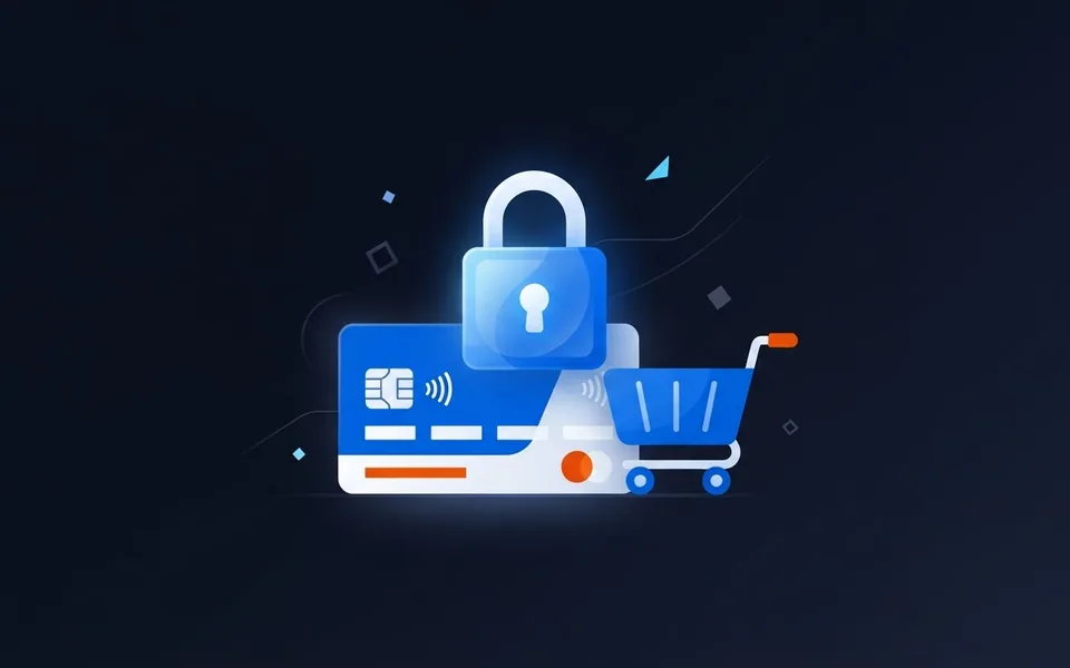Ilustração de um cadeado digital sobre um cartão de crédito ao lado de um carrinho de compras