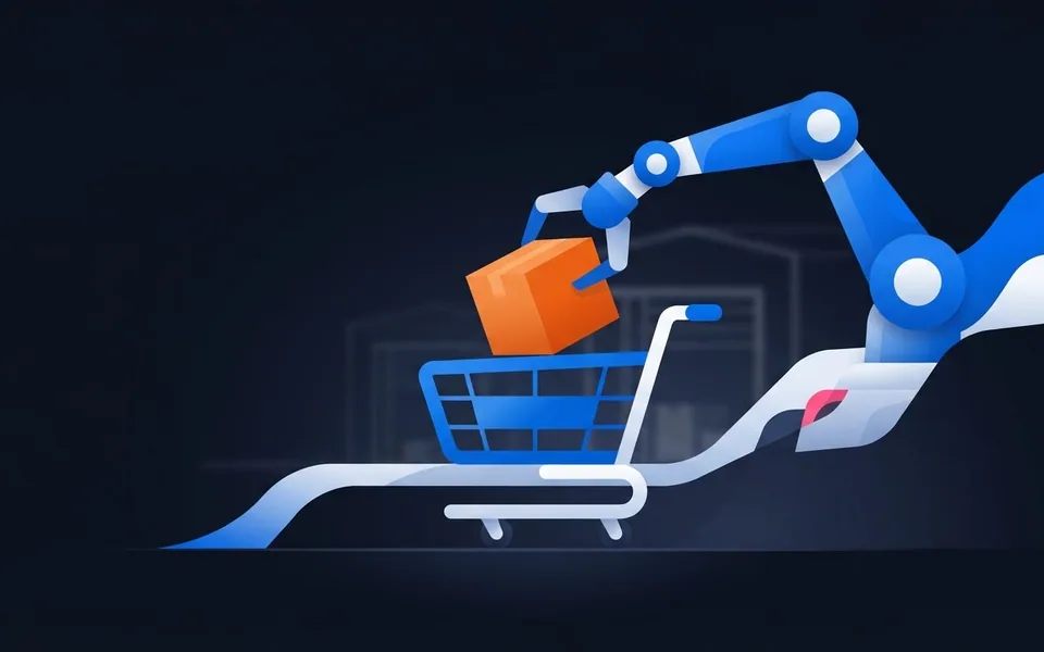 Ilustração de um braço robótico colocando um pacote de compras dentro de um carrinho de supermercado