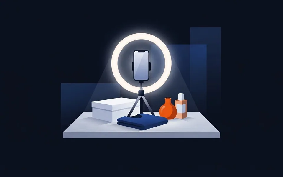 Ilustração de um celular em um tripé com anel de luz voltado para produtos de varejo em uma mesa