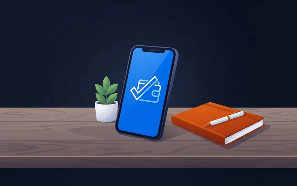 Ilustração de um smartphone sobre a mesa exibindo confirmação de pagamento digital ao lado de um caderno