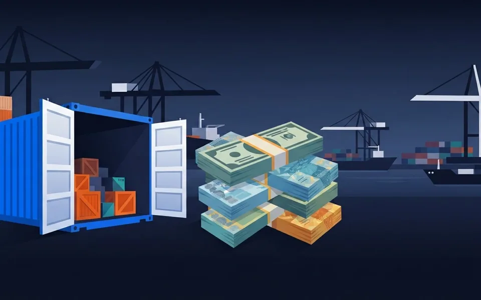 Ilustração de cédulas de dólar e real ao lado de um contêiner de carga