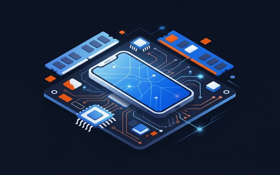 Ilustração de um smartphone sobre uma placa de circuito eletrônico cercado por chips de memória