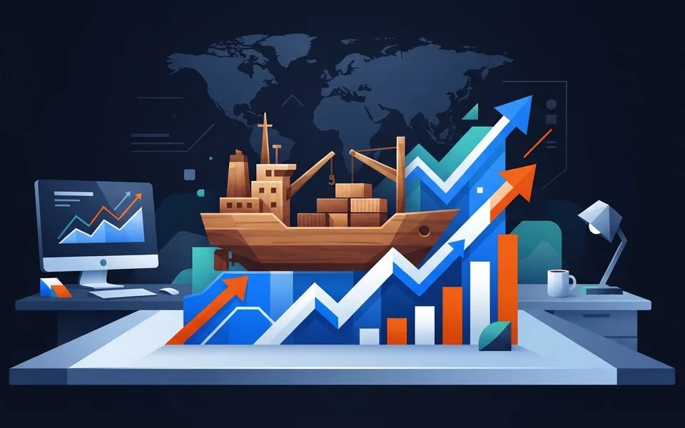 Ilustração de gráficos de crescimento econômico sobre uma mesa com um modelo de navio de carga