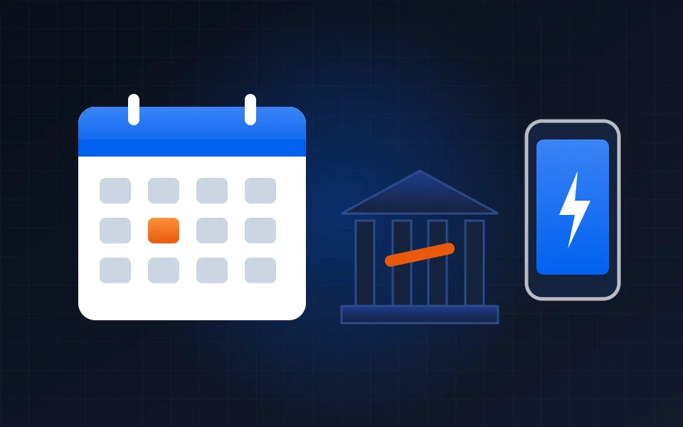 Ilustração de um calendário com um dia em laranja, um prédio de banco fechado e um celular com um raio na tela.