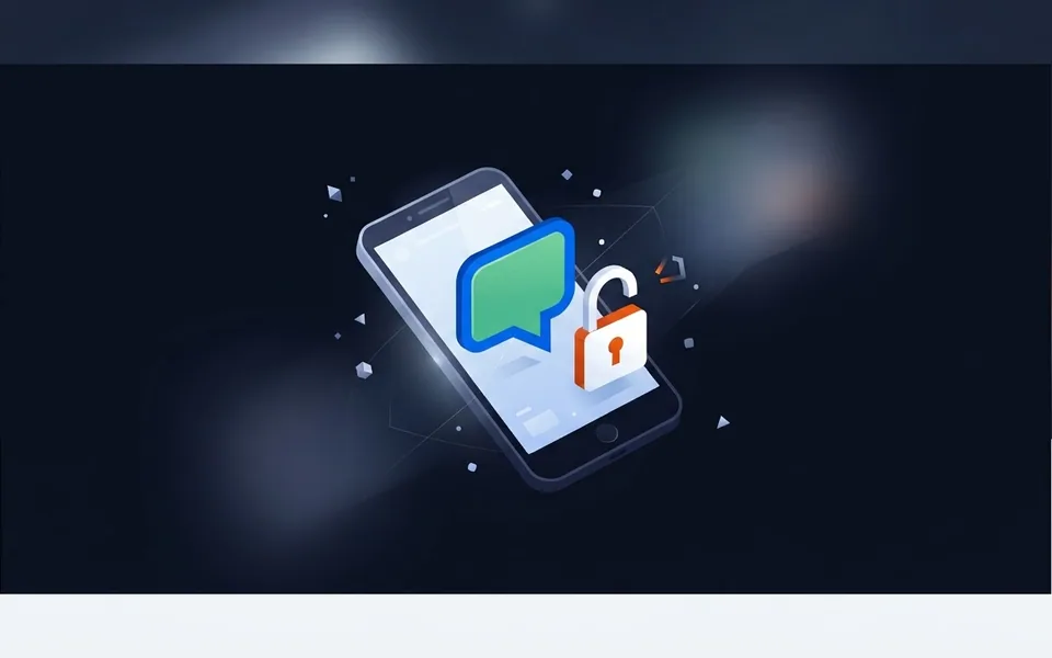 Ilustração de um celular exibindo um balão de conversa verde ao lado de um cadeado aberto