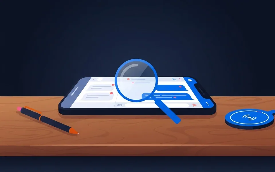 Ilustração de um smartphone sobre uma mesa de madeira exibindo tela de mensagens com uma lupa em destaque