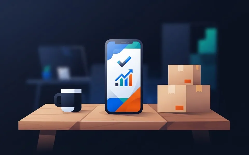 Ilustração de um smartphone exibindo confirmação de depósito bancário ao lado de caixas de encomenda sobre uma mesa.