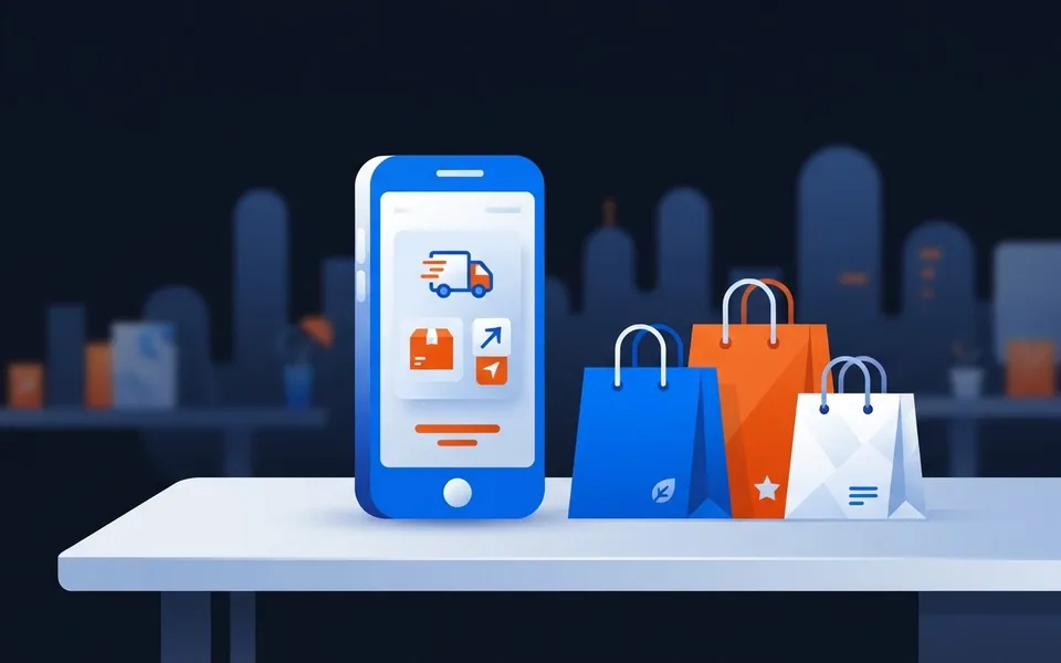 Ilustração de um celular sobre uma mesa ao lado de sacolas de compras e ícones de pacotes de entrega.