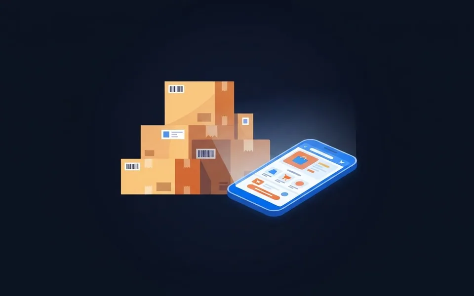 Ilustração de caixas de encomenda empilhadas ao lado de um smartphone com telas de compras online.