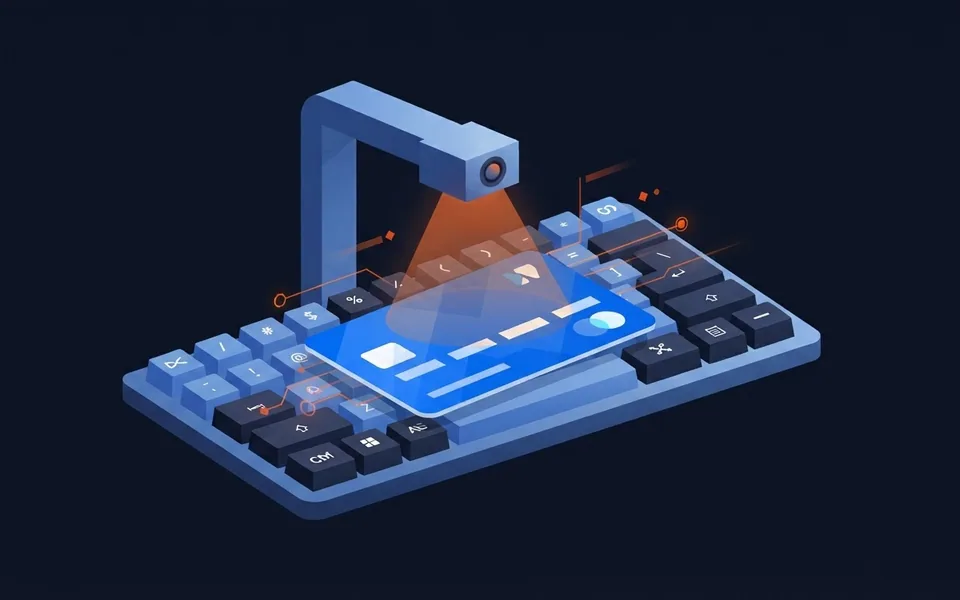 Ilustração de um cartão de crédito sobre um teclado de computador sendo verificado por um sensor