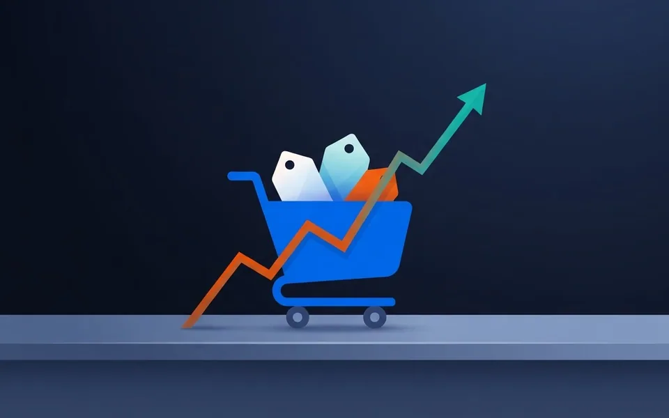 Ilustração de um carrinho de compras ao lado de etiquetas de preços e um gráfico em linha ascendente