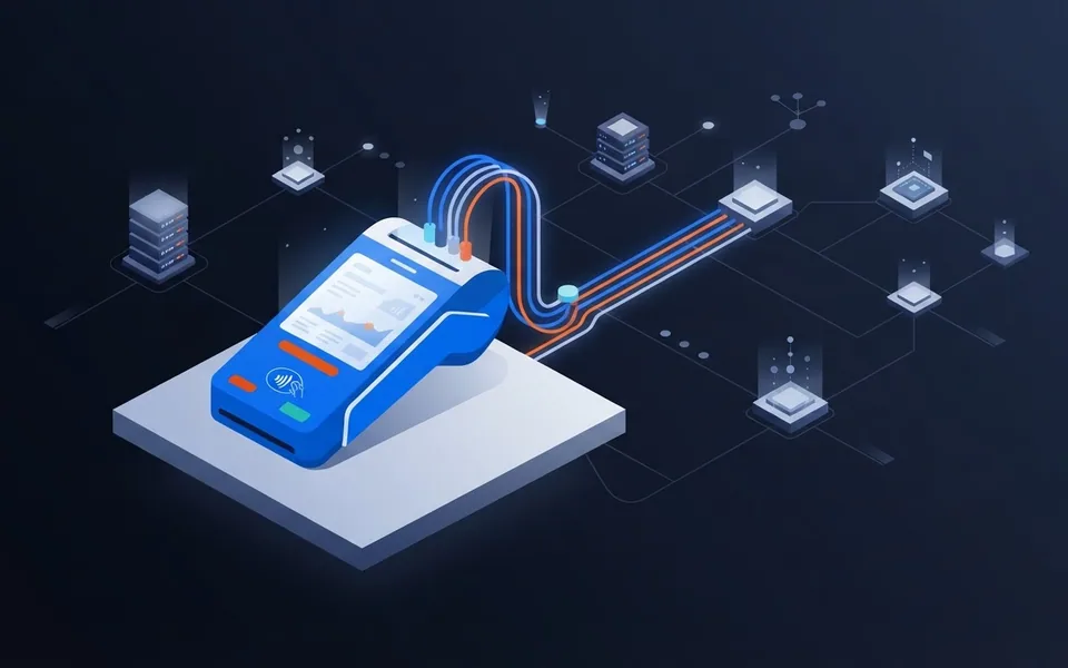 Ilustração de um terminal de pagamento conectado a servidores e fluxos automatizados de dados