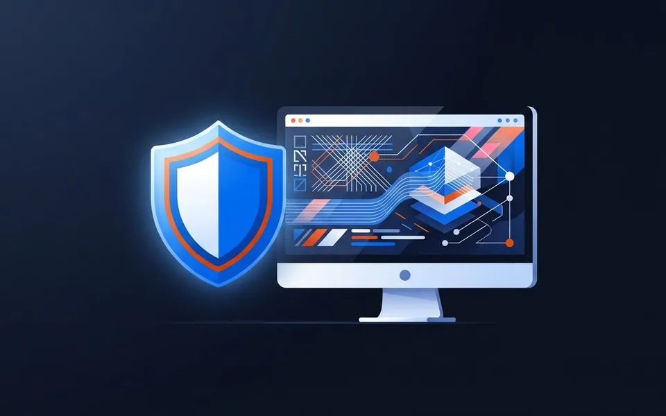 Ilustração de escudo digital e tela de computador com proteção de pagamentos online
