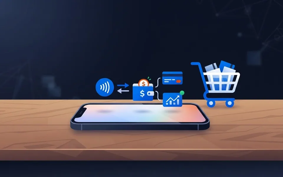 Ilustração de um smartphone sobre uma mesa de madeira exibindo conexões digitais ao lado de um carrinho de compras