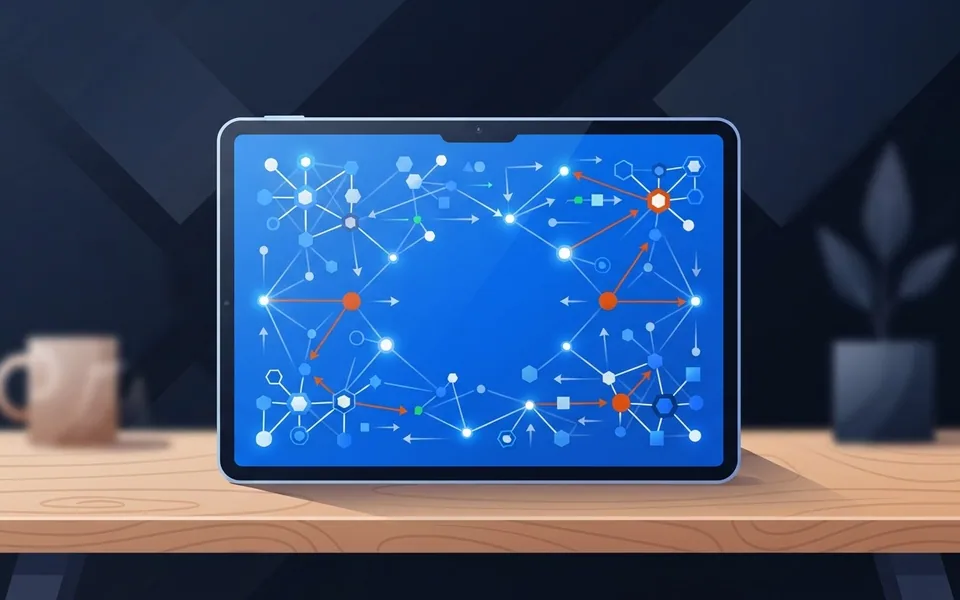 Ilustração de um tablet exibindo fluxos financeiros e conexões de crédito corporativo