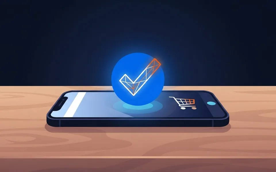 Ilustração de um smartphone sobre uma mesa de madeira exibindo confirmação de pagamento ao lado de um carrinho de compras digital