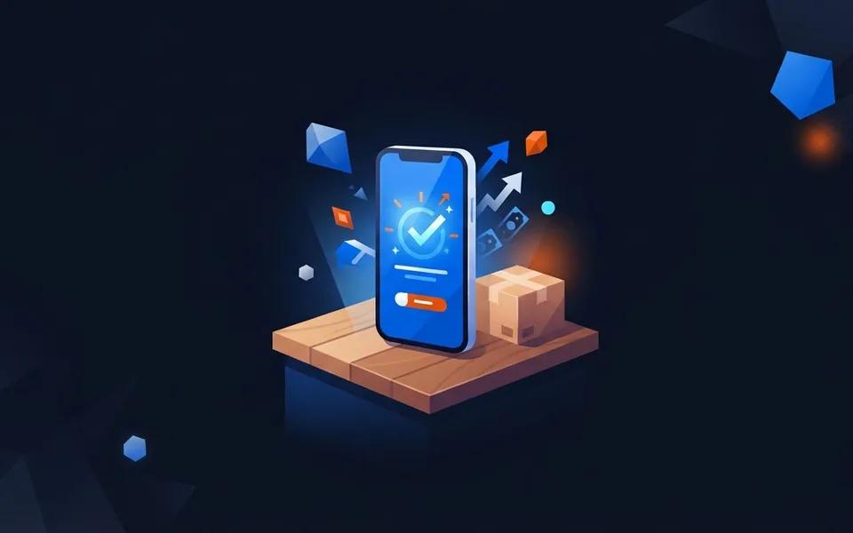 Ilustração de celular sobre balcão de madeira com confirmação de pagamento ao lado de um pacote