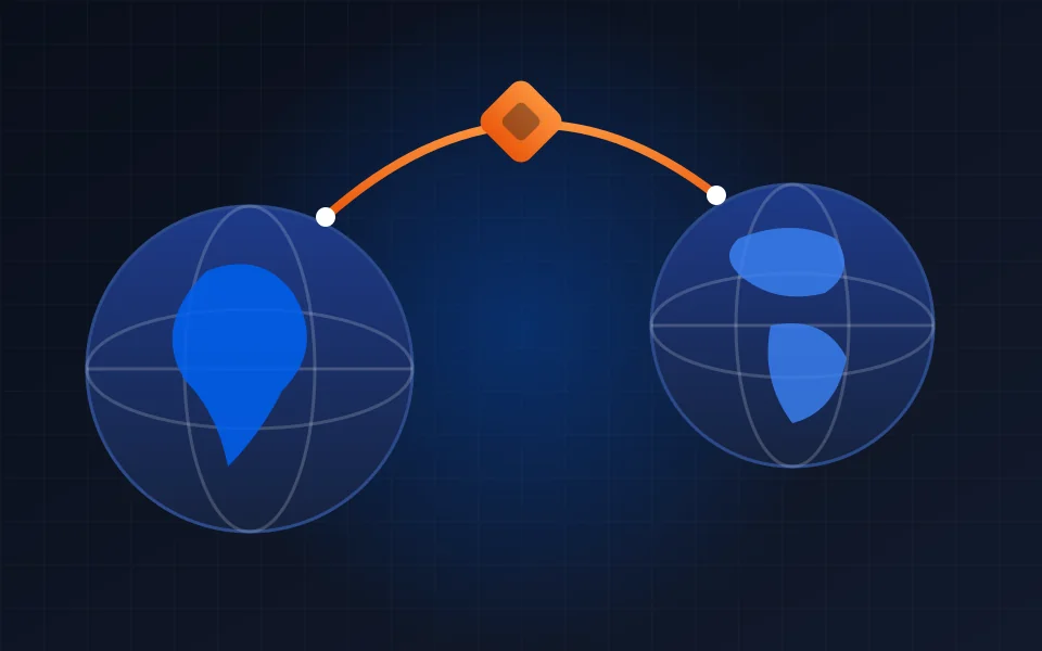 Ilustração de dois globos ligados por um arco laranja, com um losango no ponto mais alto.