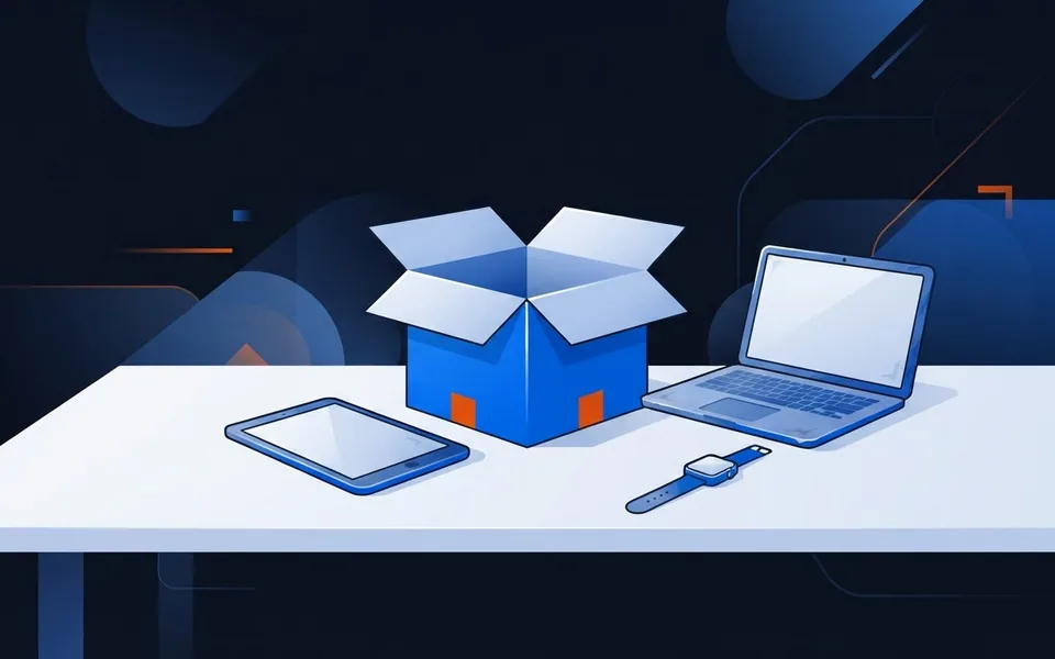 Ilustração de um notebook, um tablet e um relógio inteligente ao lado de uma caixa aberta em uma mesa
