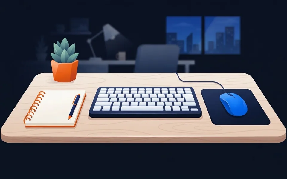 Ilustração de teclado e mouse de computador sobre uma mesa de escritório