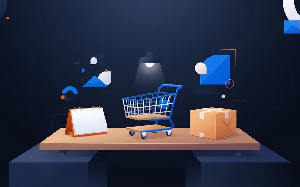 Ilustração de um carrinho de compras pequeno sobre uma mesa ao lado de uma caixa de papelão